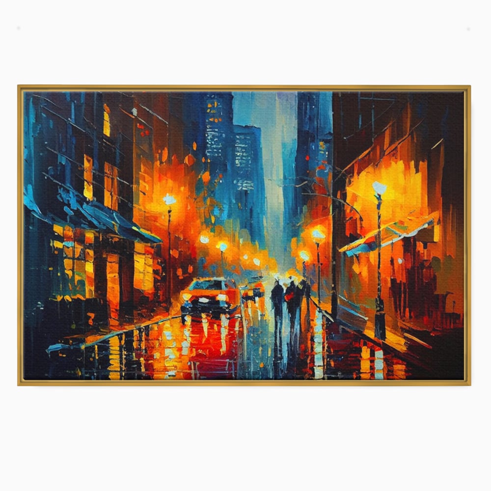 Tablou canvas cu pictura stradala cu oras plouat, in rama de aluminiu auriu